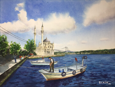Painting titled "Ortaköy - İstanbul" by Erkin Yılmaz, Original Artwork, Watercolor