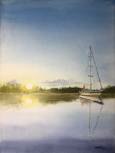 Painting titled "Sailboat and Sunset." by Erkin Yılmaz, Original Artwork, Watercolor