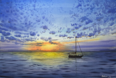 Painting titled "Sunset and Sailboat." by Erkin Yılmaz, Original Artwork, Watercolor