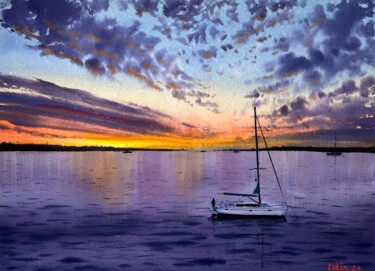 Pintura titulada "Sunset Seascape Wat…" por Erkin Yılmaz, Obra de arte original, Acuarela