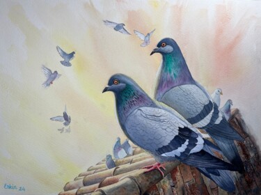 Pintura intitulada "Pigeons on the Roof." por Erkin Yılmaz, Obras de arte originais, Aquarela