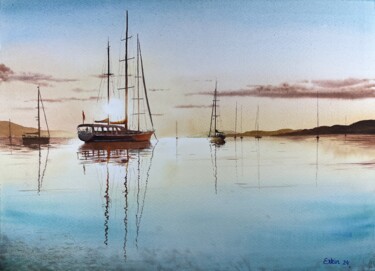 Painting titled "Reflections at Gold…" by Erkin Yılmaz, Original Artwork, Watercolor