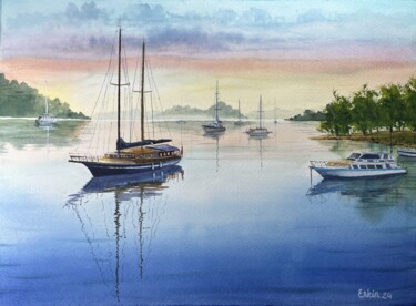 Painting titled "Harbor Joy." by Erkin Yılmaz, Original Artwork, Watercolor