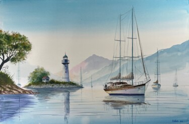 Painting titled "Morning Calm at the…" by Erkin Yılmaz, Original Artwork, Watercolor