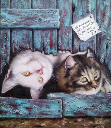 Pittura intitolato "My two cats Bo and…" da Olesya Ermolaeva, Opera d'arte originale, Olio
