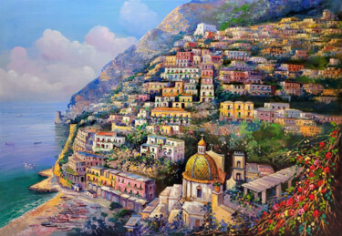 Painting titled "Positano air view -…" by Ernesto De Michele, Original Artwork, Oil Mounted on Wood Stretcher frame