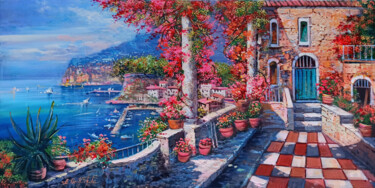 Painting titled "Flowery terrace on…" by Ernesto De Michele, Original Artwork, Oil Mounted on Wood Stretcher frame