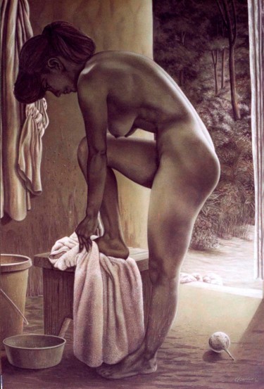 Σχέδιο με τίτλο "La toilette" από Erwin Esquivel C, Αυθεντικά έργα τέχνης, Κιμωλία