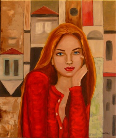 Malarstwo zatytułowany „Red cardigan” autorstwa Erzsebet Barna, Oryginalna praca, Olej Zamontowany na Drewniana rama noszy