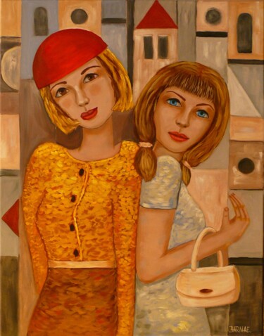 Schilderij getiteld "Girly afternoon" door Erzsebet Barna, Origineel Kunstwerk, Olie Gemonteerd op Frame voor houten brancard