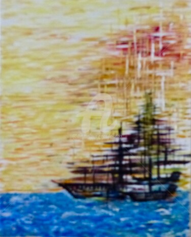 Картина под названием "Vaisseaux fantômes" - Esdez, Подлинное произведение искусства, Масло Установлен на Деревянная рама дл…