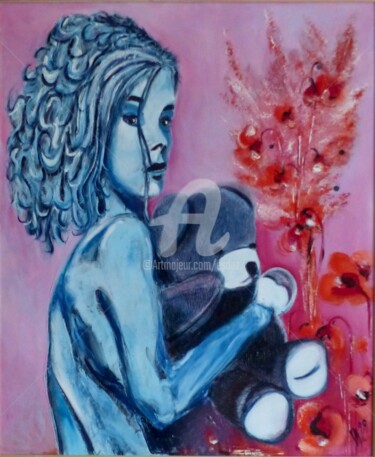 Painting titled "L'ours et la poupée." by Esdez, Original Artwork, Oil Mounted on Wood Stretcher frame