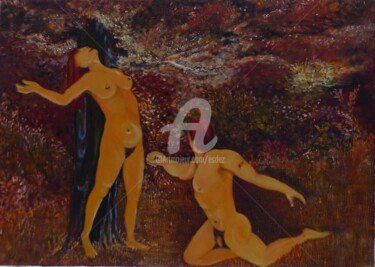 Painting titled "La proposition" by Esdez, Original Artwork, Oil Mounted on Wood Stretcher frame