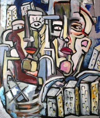 Painting titled "Deux hommes en ville" by Essebe, Original Artwork