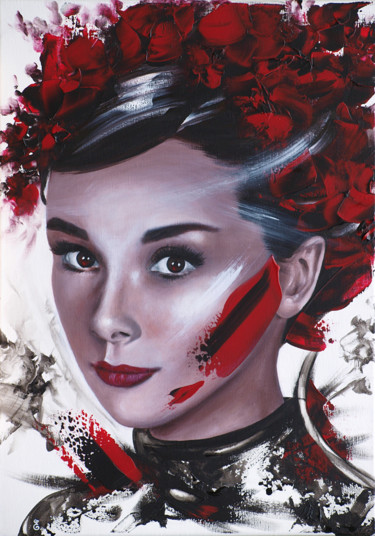 「"Audrey in red"」というタイトルの絵画 Estelle Barbetによって, オリジナルのアートワーク, アクリル