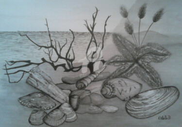 Dessin intitulée "Trésor de plage" par Estelle D, Œuvre d'art originale, Encre
