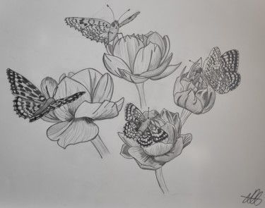 Dibujo titulada "Fleurs et papillons" por Estelle Morelli, Obra de arte original, Grafito