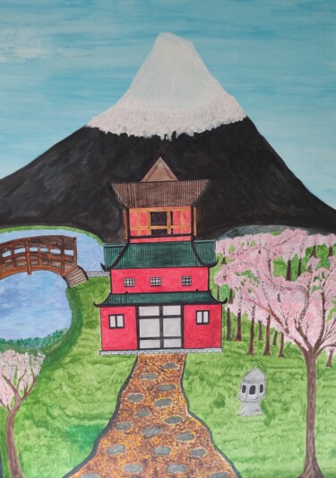 Painting titled "Temple Japonais" by Estelle Savarit, Original Artwork, Acrylic