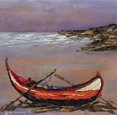 Pintura intitulada "Barque sur la plage" por Etienne Guérinaud, Obras de arte originais, Óleo