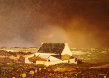 Painting titled "La maison au bord d…" by Etienne Guérinaud, Original Artwork, Oil Mounted on Wood Stretcher frame