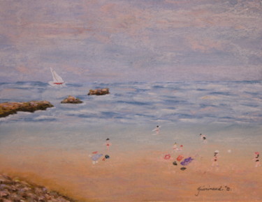 Drawing titled "La plage en famille" by Etienne Guérinaud, Original Artwork, Pastel Mounted on Cardboard