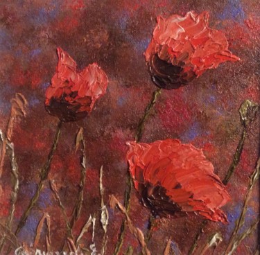 Painting titled "Les 3 coquelicots" by Etienne Guérinaud, Original Artwork, Oil