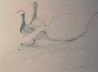 Dessin intitulée "Des oiseaux au bord…" par Etsuko Migii, Œuvre d'art originale, Crayon
