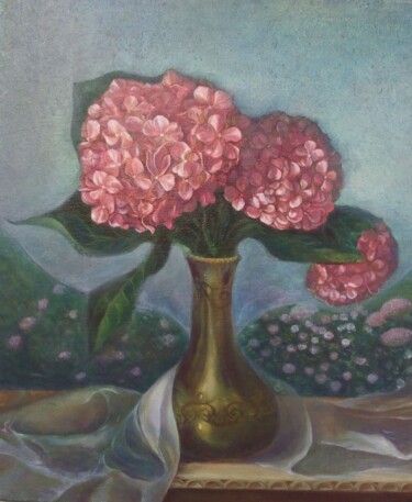 Painting titled "Hortensia à l'aube" by Etsuko Migii, Original Artwork, Oil Mounted on Wood Stretcher frame