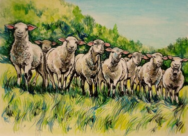 Pintura titulada "les moutons curieux" por Etzi, Obra de arte original, Oleo