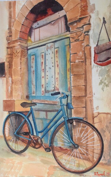 Malerei mit dem Titel "Bike near the old w…" von Eugene Panov, Original-Kunstwerk, Aquarell