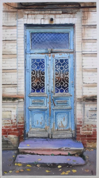 Schilderij getiteld "Old blue door" door Eugene Panov, Origineel Kunstwerk, Aquarel