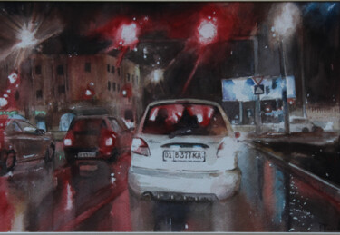 Peinture intitulée "Car in the rain" par Eugene Panov, Œuvre d'art originale, Aquarelle