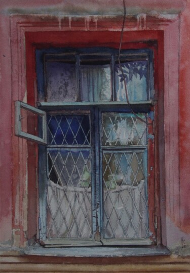 Ζωγραφική με τίτλο "Old red window" από Eugene Panov, Αυθεντικά έργα τέχνης, Ακουαρέλα