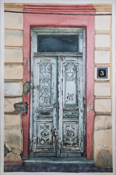 Peinture intitulée "Old door in Georgia…" par Eugene Panov, Œuvre d'art originale, Aquarelle
