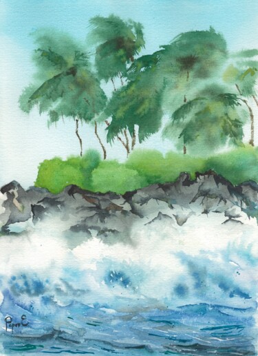 Painting titled "Coastal waves and p…" by Eugene Popov, Original Artwork, Watercolor