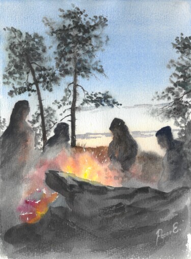 Schilderij getiteld "Mysterious campfire…" door Eugene Popov, Origineel Kunstwerk, Aquarel