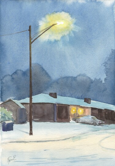 "Snowy night and str…" başlıklı Tablo Eugene Popov tarafından, Orijinal sanat, Suluboya
