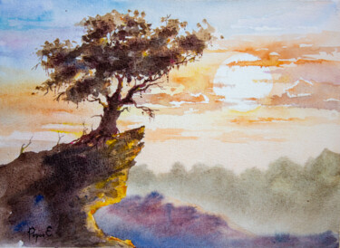 Schilderij getiteld "The tree on a rock…" door Eugene Popov, Origineel Kunstwerk, Aquarel