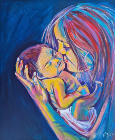 Painting titled "Motherhood, Angels…" by Eugenia Chicu Touma, Original Artwork, Acrylic Mounted on Wood Stretcher frame