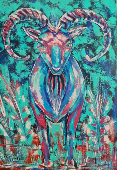 Malarstwo zatytułowany „Mountains Mouflon” autorstwa Eugenia Chicu Touma, Oryginalna praca, Akryl Zamontowany na Drewniana r…
