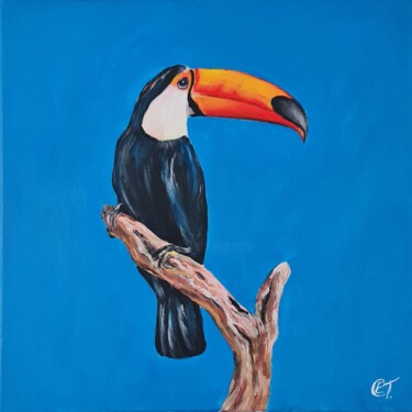 Painting titled "Toucan bird on blue" by Eugenia Chicu Touma, Original Artwork, Acrylic Mounted on artwork_cat.
