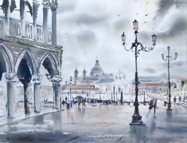 Painting titled "Rain in St. Mark's…" by Eugenia Gorbacheva, Original Artwork, Watercolor