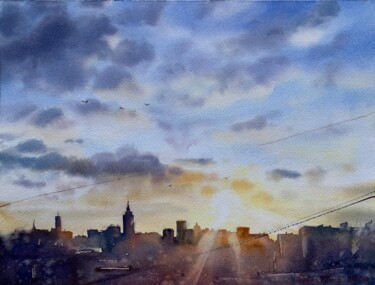 Malarstwo zatytułowany „Sunset over Moscow” autorstwa Eugenia Gorbacheva, Oryginalna praca, Akwarela