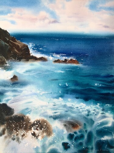 Painting titled "Cliffs and sea #2" by Eugenia Gorbacheva, Original Artwork, Watercolor