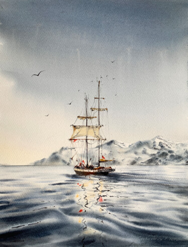 Painting titled "A ship off the arct…" by Eugenia Gorbacheva, Original Artwork, Watercolor