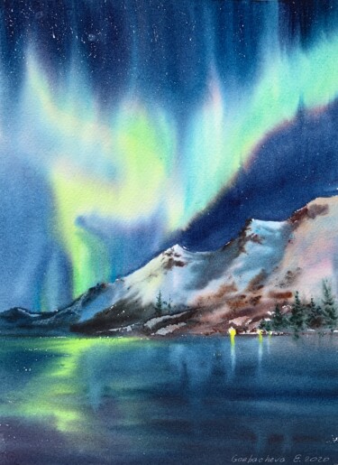 Pintura titulada "Aurora borealis #1" por Eugenia Gorbacheva, Obra de arte original, Acuarela