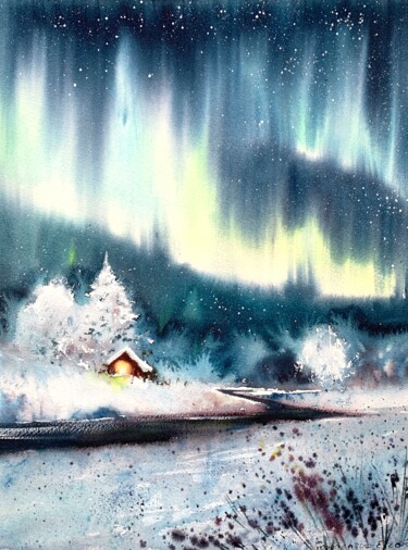 Schilderij getiteld "Aurora borealis #6" door Eugenia Gorbacheva, Origineel Kunstwerk, Aquarel