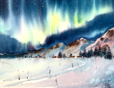 Schilderij getiteld "Aurora borealis #8" door Eugenia Gorbacheva, Origineel Kunstwerk, Aquarel