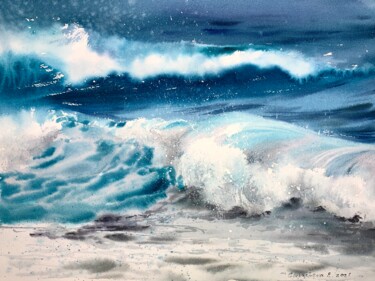 Ζωγραφική με τίτλο "Waves In The Sea #2" από Eugenia Gorbacheva, Αυθεντικά έργα τέχνης, Ακουαρέλα