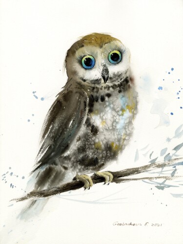"Little owl on a bra…" başlıklı Tablo Eugenia Gorbacheva tarafından, Orijinal sanat, Suluboya